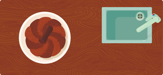 Bundt cake icon isometric vector. Chocolate bundt cake on countertop with sink. Homemade dessert, sweet food, top view