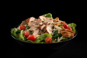 Caesar salad with juicy grilled chicken, sliced cherry tomatoes, and a creamy Caesar dressing