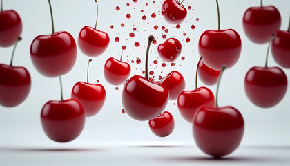White background with floating red cherry berries, Generative AI