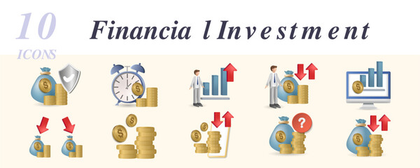 Financial investment set. Creative icons: investment security, investment duration, high growth opportunities, investor, economy, investment choice, currency, investment platform, investment
