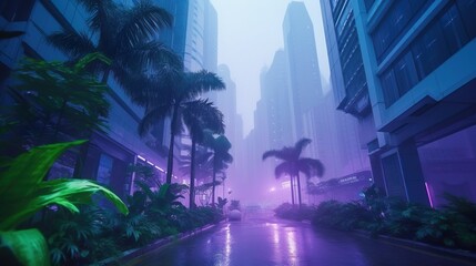 Cyberpunk Future Wallpaper. Foggy evening street. Futuristic concept. Blue pink violet Evening urban landscape. Generative AI illustration.