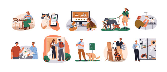 Pet care and services set. Owners, sitters and dog-friendly cafe, online shop, veterinarian, canine grooming, cat hotel, clean up after pooping. Flat vector illustrations isolated on white background