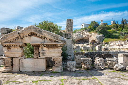 East triumphant arch in the archaeological site of Eleusina (Eleusis) and the Plutonium can be seen in the back. Eleusinian mysteries