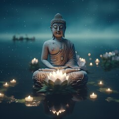 Buddha purnima Vesak day background, Buddha statue with lotus flower and candle light side on river. Generative ai - obrazy, fototapety, plakaty