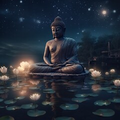 Buddha purnima Vesak day background, Buddha statue with lotus flower and candle light side on river. Generative ai