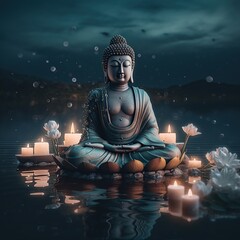 Buddha purnima Vesak day background, Buddha statue with lotus flower and candle light side on river. Generative ai