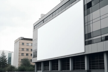 blank white advertising banner mockup on the wall of a building in the city. Generative AI	