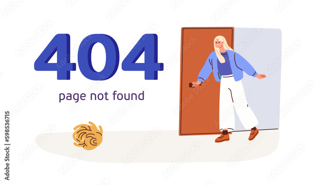 Poster 404 error, unavailable webpage. Page not found, technical web site problem. Unloaded site, creative funny design for access failure. Flat graphic vector illustration isolated on white background