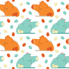 Chicken with eggs for design and printing on packaging, textiles. Fresh meat and eggs. Natural products of the poultry farm for the preparation of various dishes. Seamless pattern.