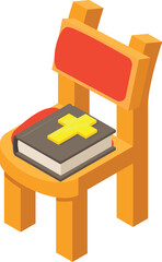 Bible book icon isometric vector. Hardcover bible with picture of cross on chair. Fith, religion, ritual, ceremony