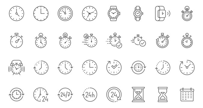 Time line icons set. Timer, alarm clock, wristwatch, smart watch, hourglass, schedule calendar vector illustration. Outline signs about notification. Editable Strok