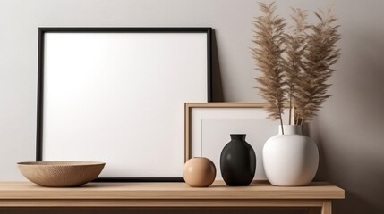 Obraz premium blank wooden picture frame mockup, generative AI illustration