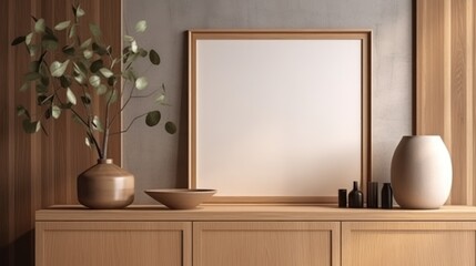 blank wooden picture frame mockup, generative AI illustration
