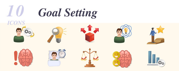 Goal setting set. Creative icons: problem solving, coordination, genius, ambitions, good sense, procrastination, stability, emotional immunity, personal productivity.