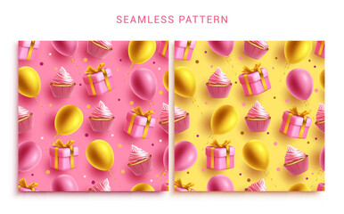 Birthday seamless pattern vector set design. Happy birthday with cupcake, gifts and balloons elements. Vector illustration endless lay out background.
