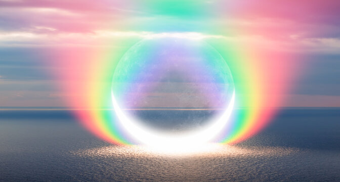 Abstract background of amazing crescent moon over the sea with rainbow at sunset