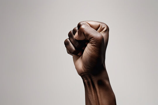 a hand with a raised fist symbolizing protest or empowerment. AI generative image.