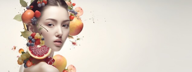 Portrait close up of beautiful chinese girl with fruit and vegetables. Serious young woman with perfect skin and hair. Concept of skincare and beautiful hair. Banner template. Generative Ai