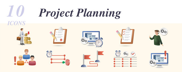 Project planning set. Creative icons: salary, legal documents, workflow, to do list, support agent, project stakeholder, project timeline, milestone, kanban, work in progress.