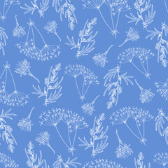 Seamless texture for your design. White grass and leaves on blue background. Illustration can be used for templates, wallpaper.