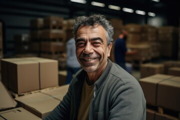 Obraz premium Portrait of smiling mature man looking at camera while standing in warehouse. Generative AI