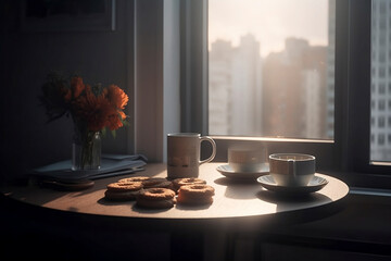 stack of cookies, coffee, flower and drinking desk beside windows, sunrise - ai