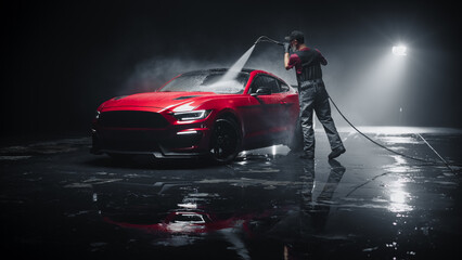 Brand New Sportscar from the Production Line is Being Cleaned with a Water High Pressure Cleaner. Factory Fresh Vehicle in a Detailing Car Wash Before Getting Waxed and Ceramic Coated for Protection