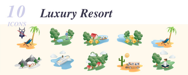 Luxury resort set. Creative icons: clothing optional resort, golf resort, sport camp, camp, beach resort, ski, cruise, forest resort, safari, meditation retreat.