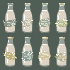 A set of labels for vegetable milk on glass bottles. Coconut, almonds, soy, walnut, rice, oatmeal, etc. Vector. A set of different types of vegetable milk - almond, rice, coconut, soy. Vegan