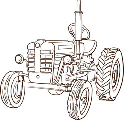 The front view of an old model traktor hand drawn sketch. 