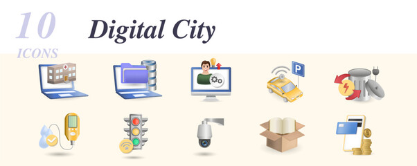 Digital city set. Creative icons: online healthcare, open data, skill development center, smart parking, waste to energy, water quality monitoring, intelligent traffic management, video crime