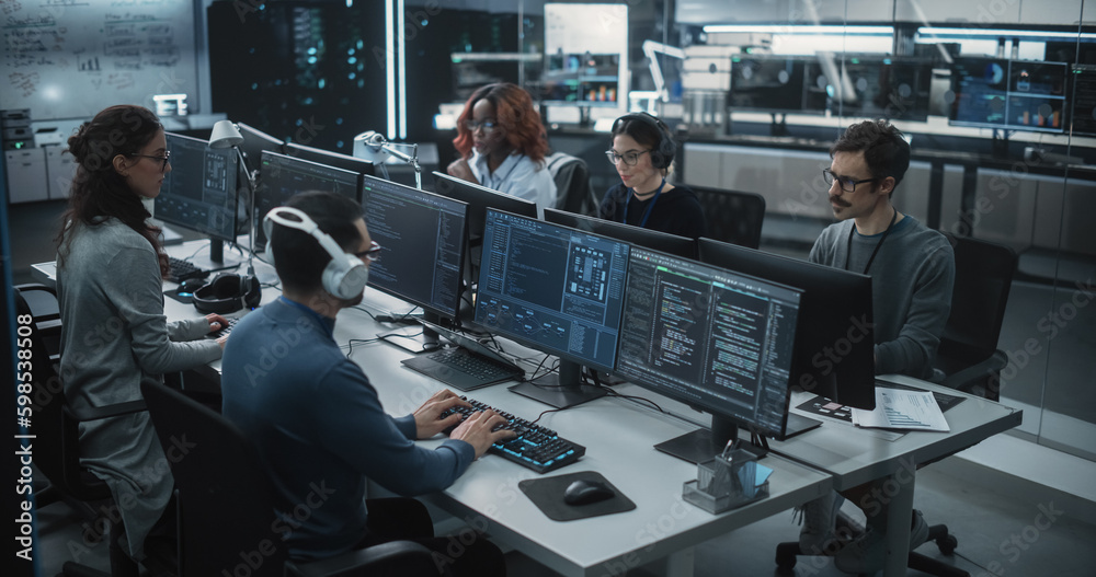 Poster Team of Talented Young Professionals Working in a Technological Research and Development Agency. Computer Screens with Software Code, Customer Relationship Management Tool and Road Map User Interface
