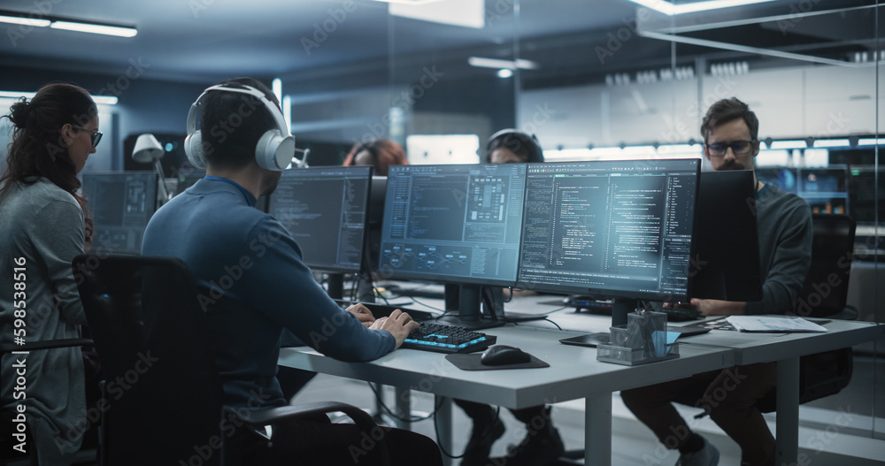 Aufkleber Team of Talented Young Professionals Working in a Technological Research and Development Agency. Young Female Developer Working with AI Software and Mapping Technical Neural Network Data Set