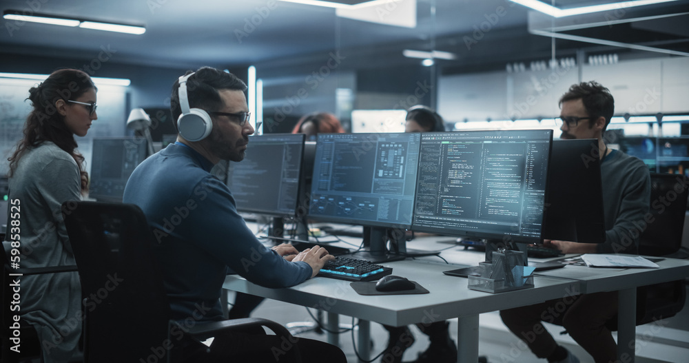 Fototapete Team of Talented Young Professionals Working in a Technological Research and Development Agency. Young Female Developer Working with AI Software and Mapping Technical Neural Network Data Set