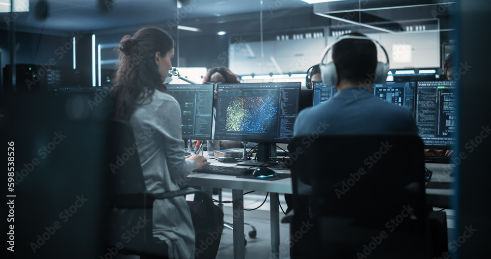 Poster Team of Talented Young Professionals Working in a Technological Research and Development Agency. Young Female Developer Working with AI Software and Mapping Technical Neural Network Data Set