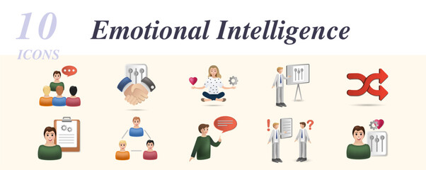 Emotional intelligence set. Creative icons: public speaking, interpersonal skill, stress management, presentation skills, flexibility, critical thinking, organization, storytelling, proposals, soft