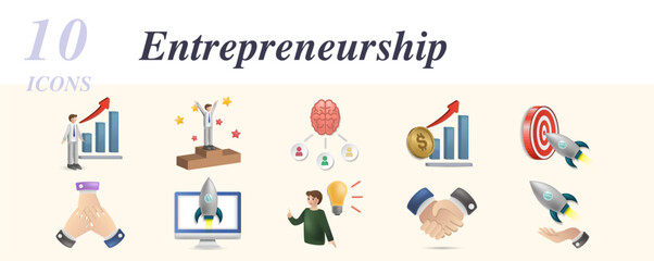 Enterpreneurship set. Creative icons: career, succes, braistorm, profit, precision, teamwork, project launch, solution, cooperation.