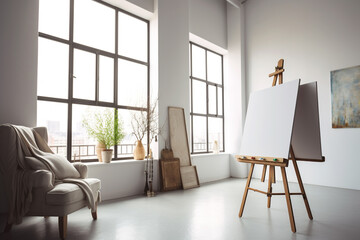Easel in modern home studio interior of workshop. Generative AI	