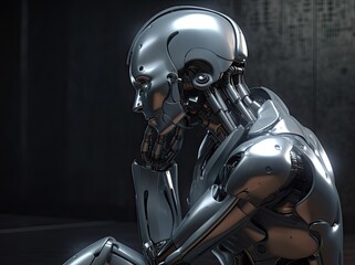 Fototapeta premium The future is already here. Portrait of humanized robot thinking. Generative AI