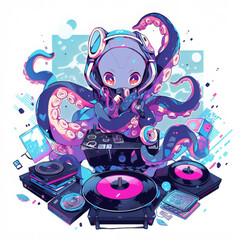 A cartoon octopus with headphones and record player