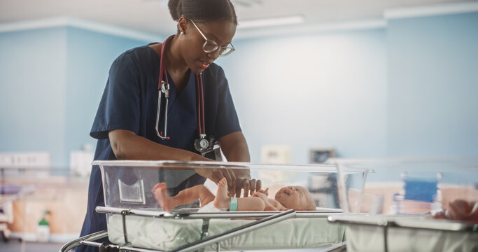 Cute Little Caucasian Newborn Baby Lying in Bassinet in a Maternity Hospital. Beautiful Black Pediatrician Checking Up on a Child. Healthcare, Pregnancy and Motherhood Concept