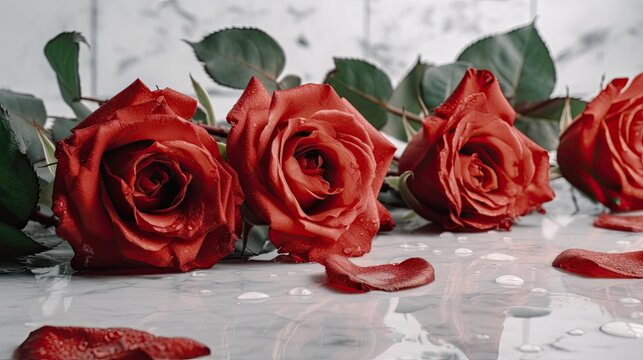 Charming red roses on a white marble textured wet background with drops of water. Exclusive wallpaper texture with flowers. Floral illustration. Generative AI. 