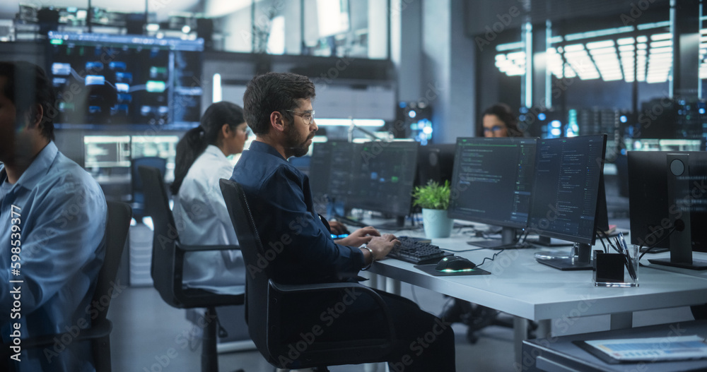 Poster Team of Talented Young Indian Professionals Working in a Technological Research and Development Agency in South Asia. Computer Screens with Software Code and Artificial Intelligence Projects