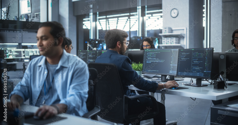 Poster Team of Talented Young Indian Professionals Working in a Technological Research and Development Agency. Computer Screens with Software Code and Technical Neural Network Diagrams