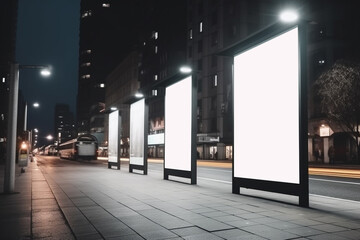 empty white advertising banner mockup in the city street. Generative AI	