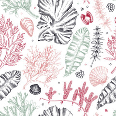Sea life background in color. Edible seaweed seamless pattern. Hand-drawn kelp, kombu, wakame, hijiki, sea shells illustrations. Underwater plants and algae sketches. For print, menu design or textile © sketched-graphics