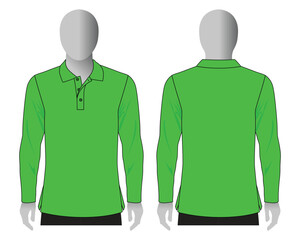 Blank Green Long Sleeve Polo Shirt Template On White Background.Front And Back View, Vector File.