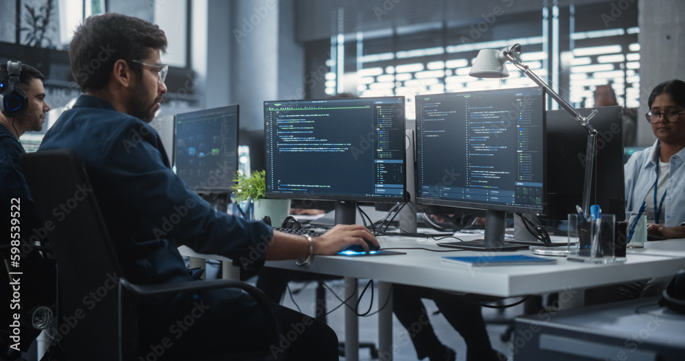 Poster Team of Talented Young Indian Professionals Working in a Technological Research and Development Agency. Computer Screens with Software Code and Technical Neural Network Diagrams