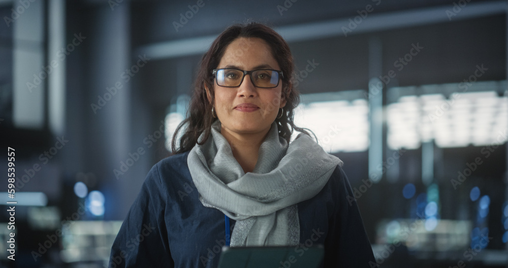 Aufkleber Portrait of a Happy Smiling Female Using Tablet Computer, Looking at Camera and Smiling. Empowered Information Technology Specialist, Software Engineer, Developer or Data Scientist