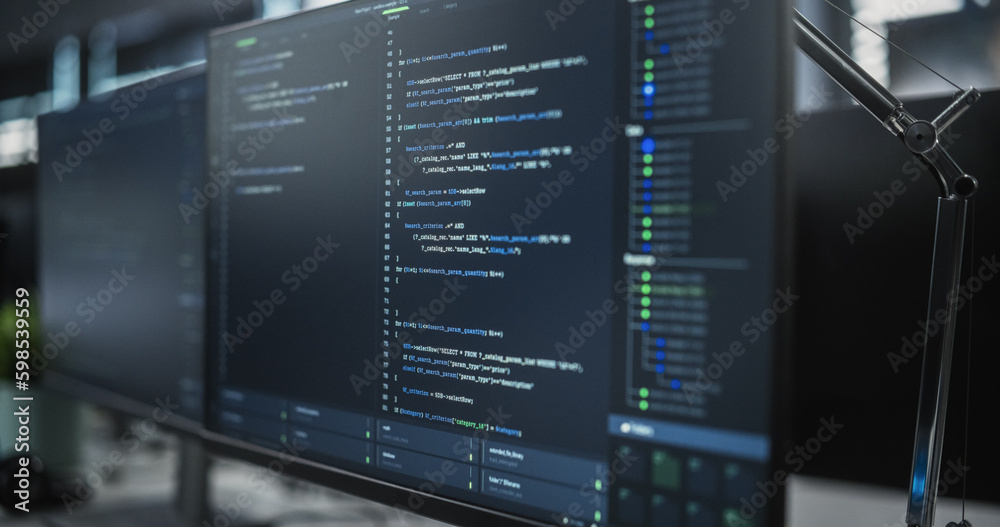 Poster Close Up Focus on Desktop Computer Screen. Digital Display Showing Coding Language User Interface. Software Engineer Programming Innovative e-Commerce Software in Office
